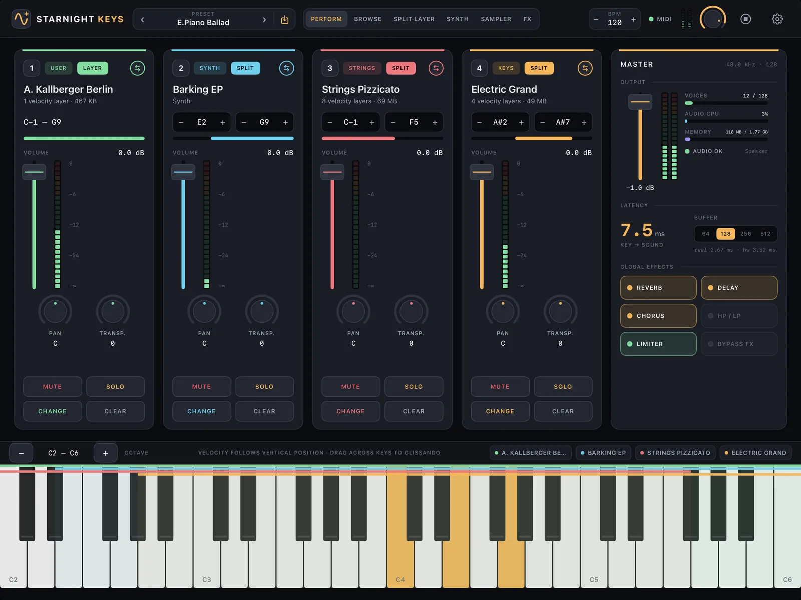 Starnight Keys — the Perform screen, with four instrument slots, the master panel and the keyboard