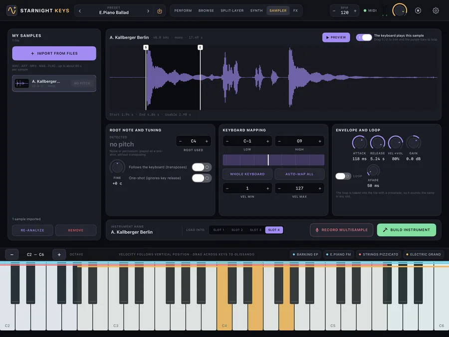 Starnight Keys — Sampler screen
